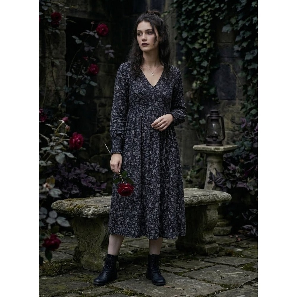 Madewell Enchanted Floral Georgette V-Neck Tiered Midi Dress sz S Dark Romantic